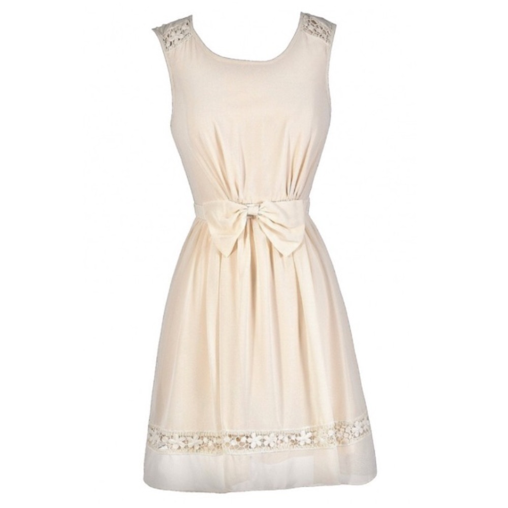 Cream Lace Trim Dress w/ Bow Belt